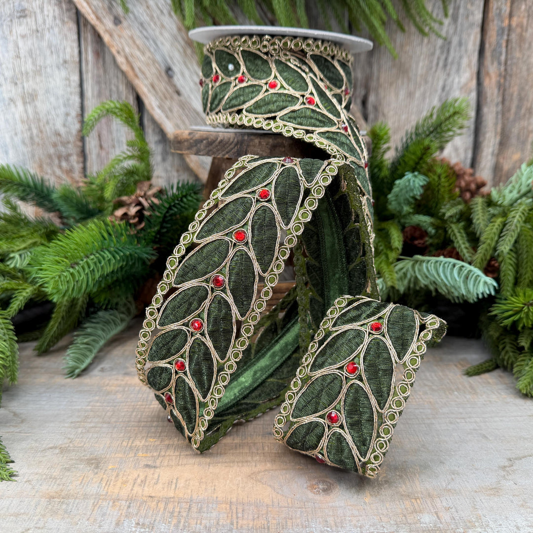 2.5" Olive Green Laurel Leaf Lace Ribbon, Gold Embroidered Christmas Ribbon with Red Jewels, 5 Yards