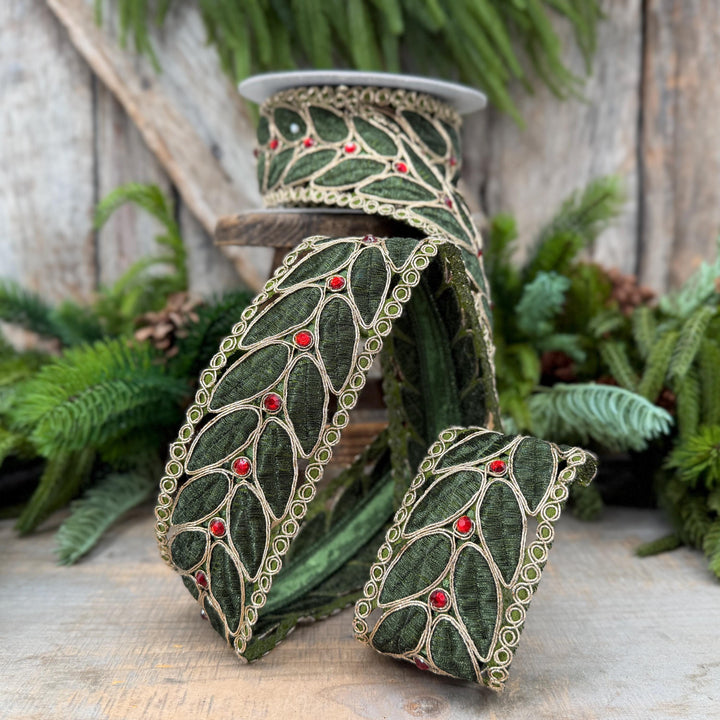 2.5" Olive Green Laurel Leaf Lace Ribbon, Gold Embroidered Christmas Ribbon with Red Jewels, 5 Yards