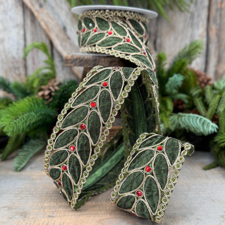 2.5" Olive Green Laurel Leaf Lace Ribbon, Gold Embroidered Christmas Ribbon with Red Jewels, 5 Yards