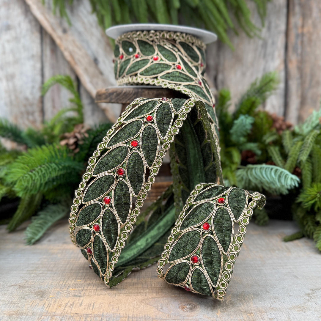 2.5" Olive Green Laurel Leaf Lace Ribbon, Gold Embroidered Christmas Ribbon with Red Jewels, 5 Yards