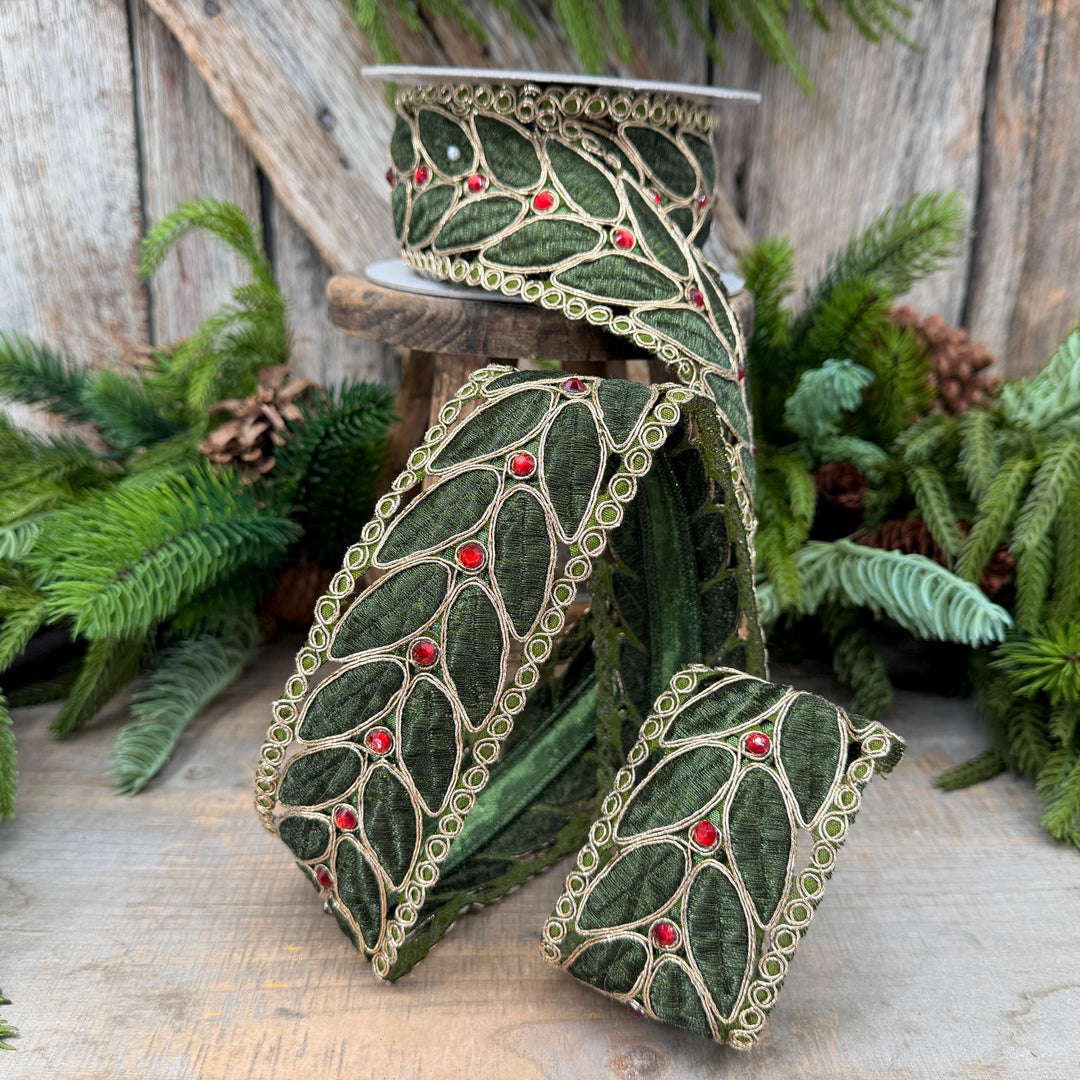 2.5" Olive Green Laurel Leaf Lace Ribbon, Gold Embroidered Christmas Ribbon with Red Jewels, 5 Yards