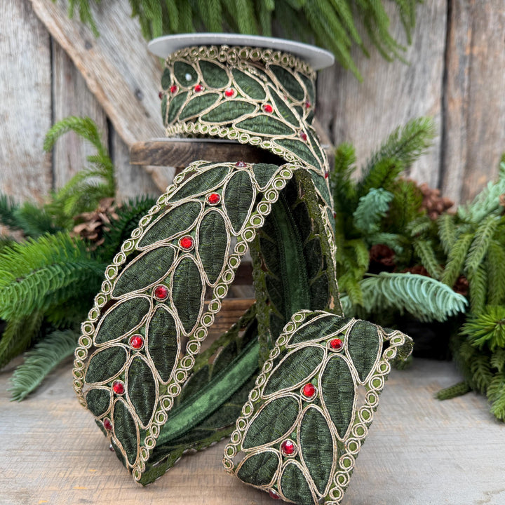 2.5" Olive Green Laurel Leaf Lace Ribbon, Gold Embroidered Christmas Ribbon with Red Jewels, 5 Yards