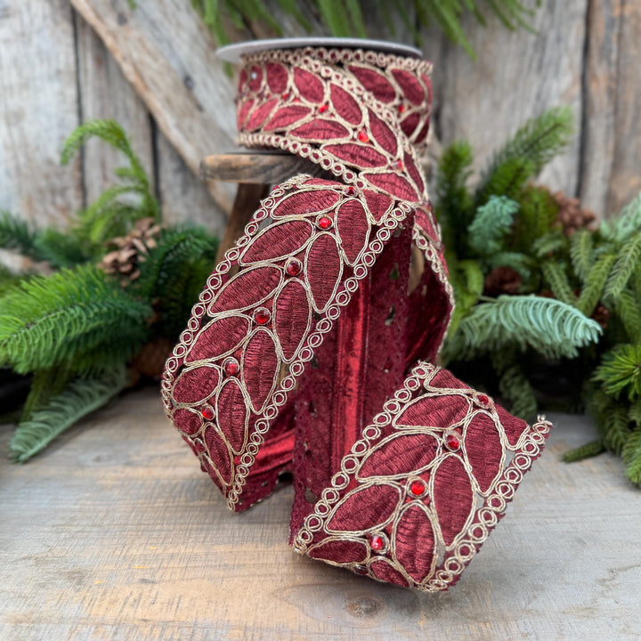 2.5" Burgundy Laurel Leaf Lace Ribbon, Gold Embroidered Christmas Ribbon with Red Jewels, 5 Yards