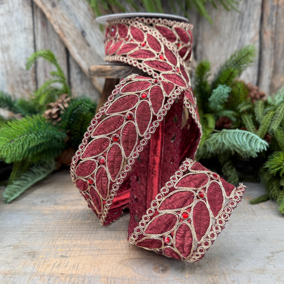 2.5" Burgundy Laurel Leaf Lace Ribbon, Gold Embroidered Christmas Ribbon with Red Jewels, 5 Yards