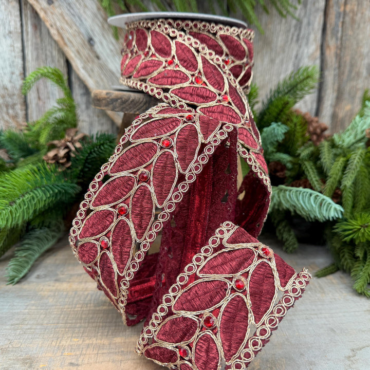 2.5" Burgundy Laurel Leaf Lace Ribbon, Gold Embroidered Christmas Ribbon with Red Jewels, 5 Yards