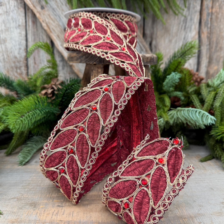 2.5" Burgundy Laurel Leaf Lace Ribbon, Gold Embroidered Christmas Ribbon with Red Jewels, 5 Yards