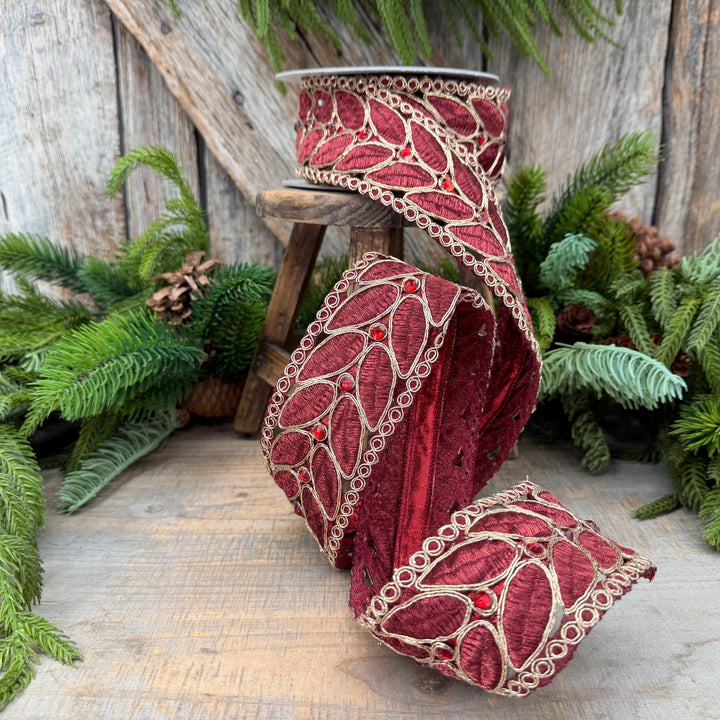2.5" Burgundy Laurel Leaf Lace Ribbon, Gold Embroidered Christmas Ribbon with Red Jewels, 5 Yards