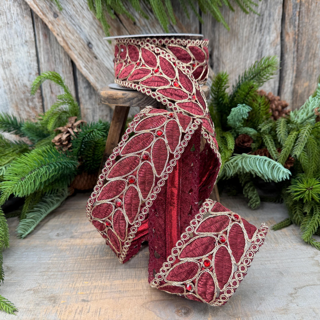 2.5" Burgundy Laurel Leaf Lace Ribbon, Gold Embroidered Christmas Ribbon with Red Jewels, 5 Yards