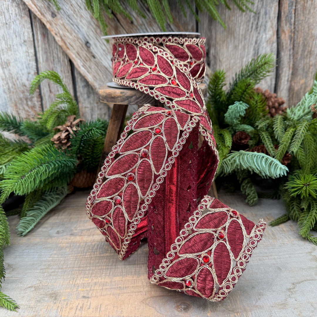 2.5" Burgundy Laurel Leaf Lace Ribbon, Gold Embroidered Christmas Ribbon with Red Jewels, 5 Yards