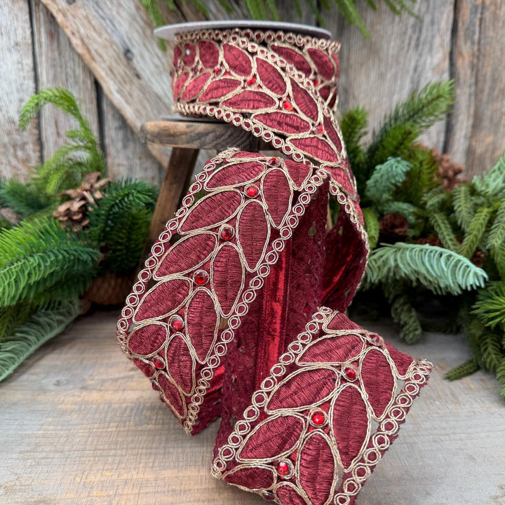 2.5" Burgundy Laurel Leaf Lace Ribbon, Gold Embroidered Christmas Ribbon with Red Jewels, 5 Yards