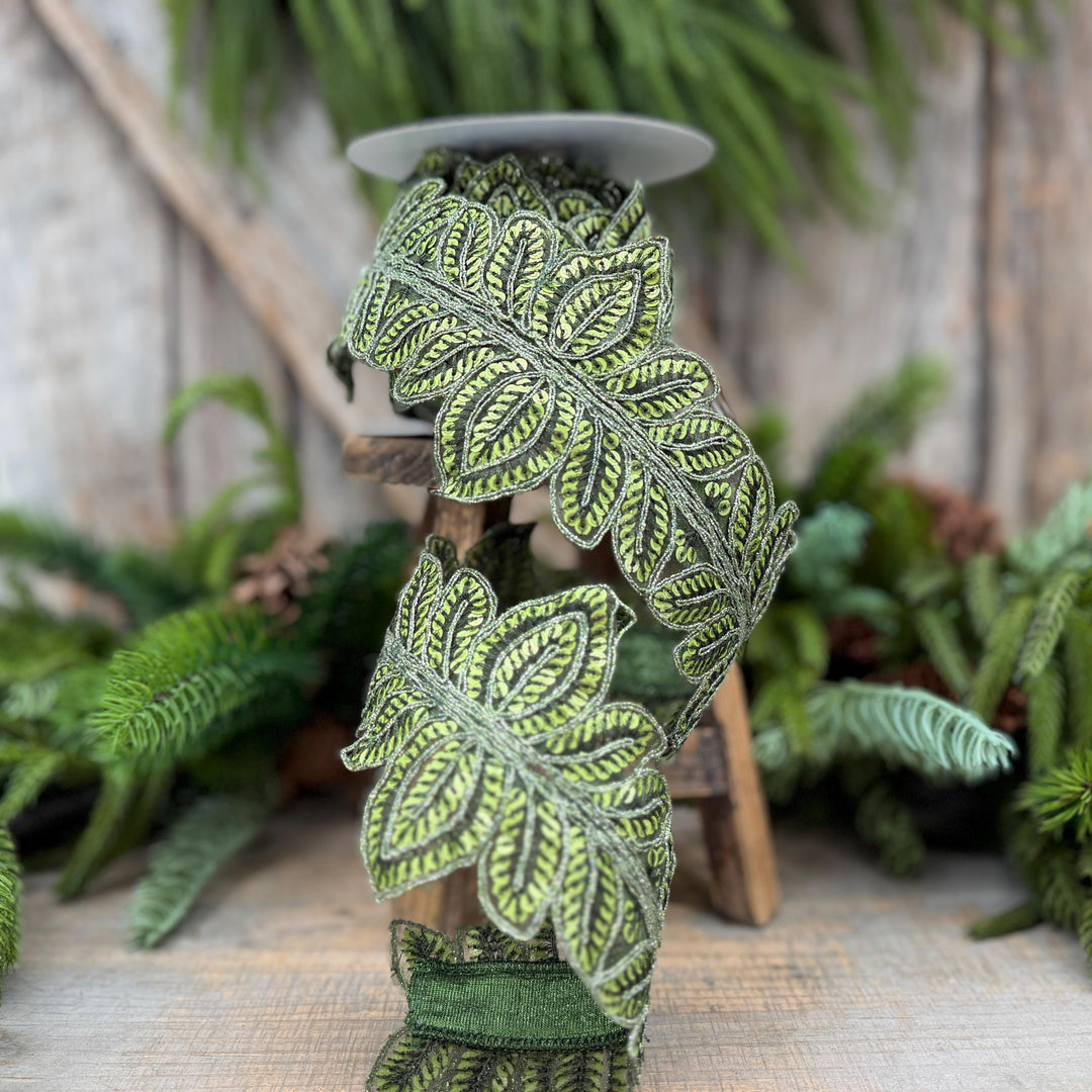 4" Olive Green Masquerade Vine Ribbon, Embroidered Leaf Lace Trim, Botanical Christmas Ribbon, 5 Yards