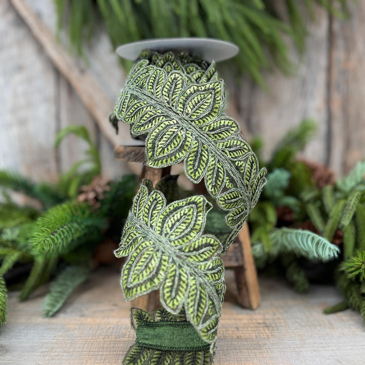4" Olive Green Masquerade Vine Ribbon, Embroidered Leaf Lace Trim, Botanical Christmas Ribbon, 5 Yards