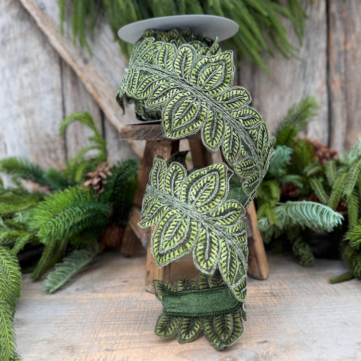 4" Olive Green Masquerade Vine Ribbon, Embroidered Leaf Lace Trim, Botanical Christmas Ribbon, 5 Yards