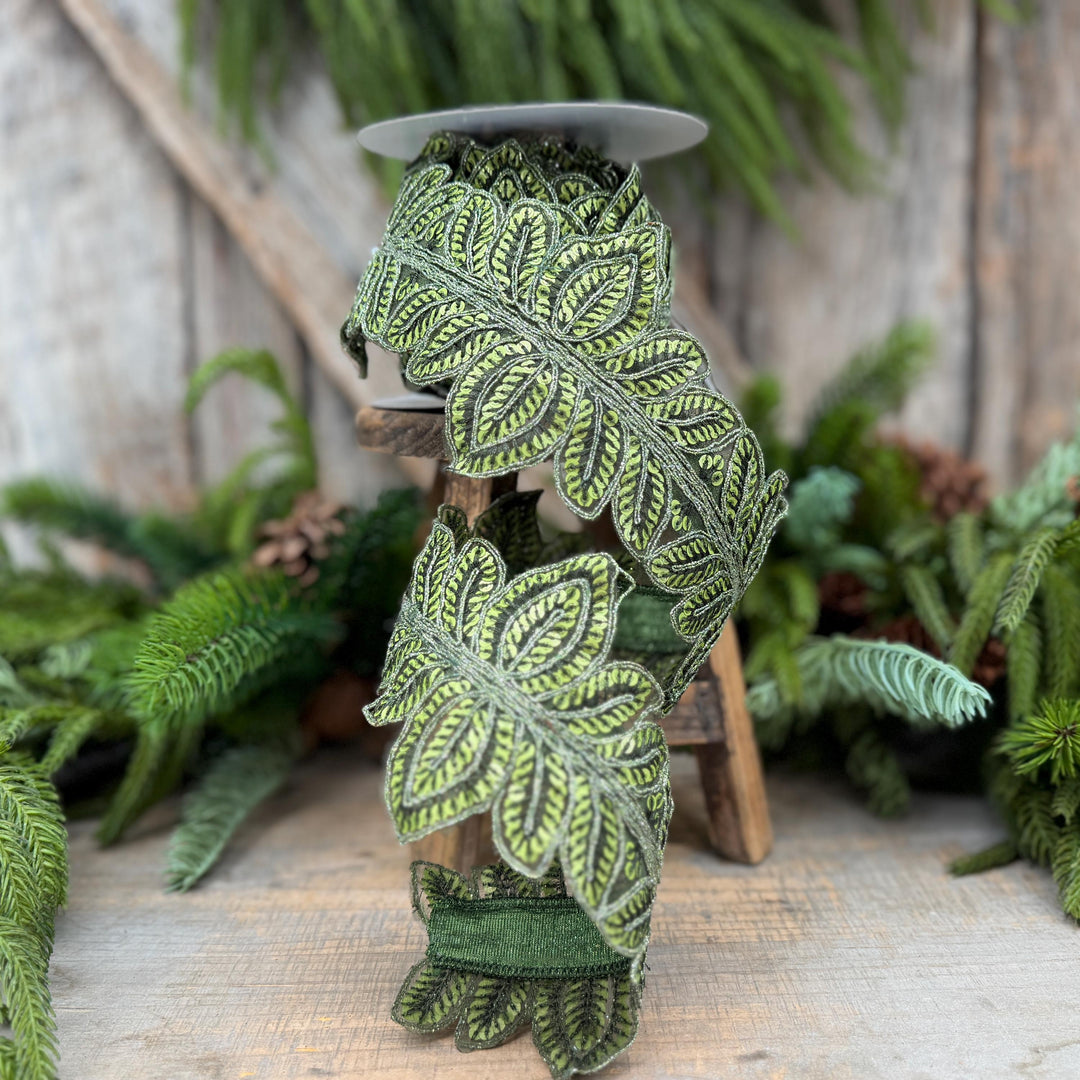 4" Olive Green Masquerade Vine Ribbon, Embroidered Leaf Lace Trim, Botanical Christmas Ribbon, 5 Yards