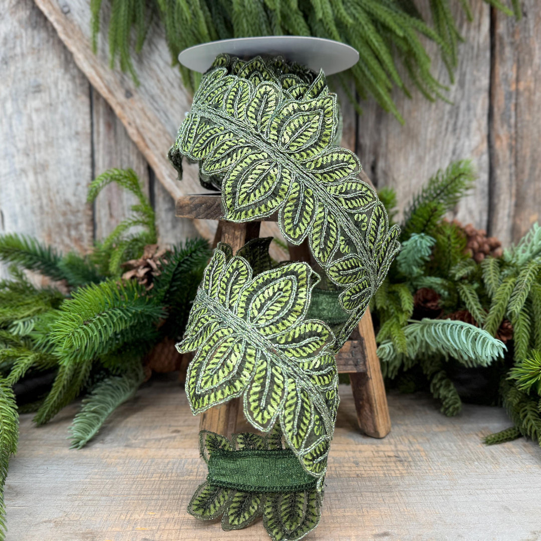 4" Olive Green Masquerade Vine Ribbon, Embroidered Leaf Lace Trim, Botanical Christmas Ribbon, 5 Yards