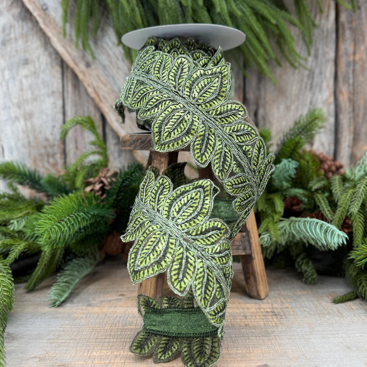 4" Olive Green Masquerade Vine Ribbon, Embroidered Leaf Lace Trim, Botanical Christmas Ribbon, 5 Yards