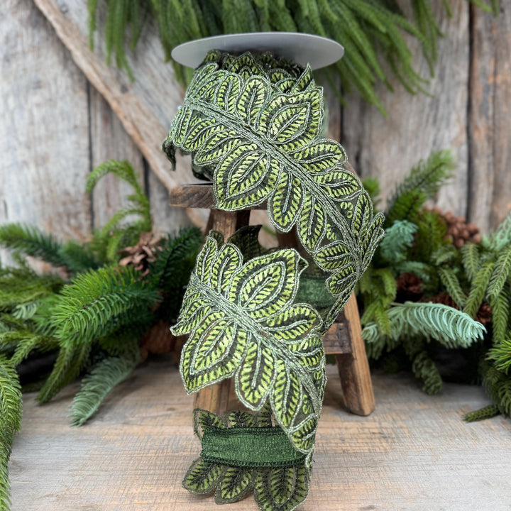 4" Olive Green Masquerade Vine Ribbon, Embroidered Leaf Lace Trim, Botanical Christmas Ribbon, 5 Yards