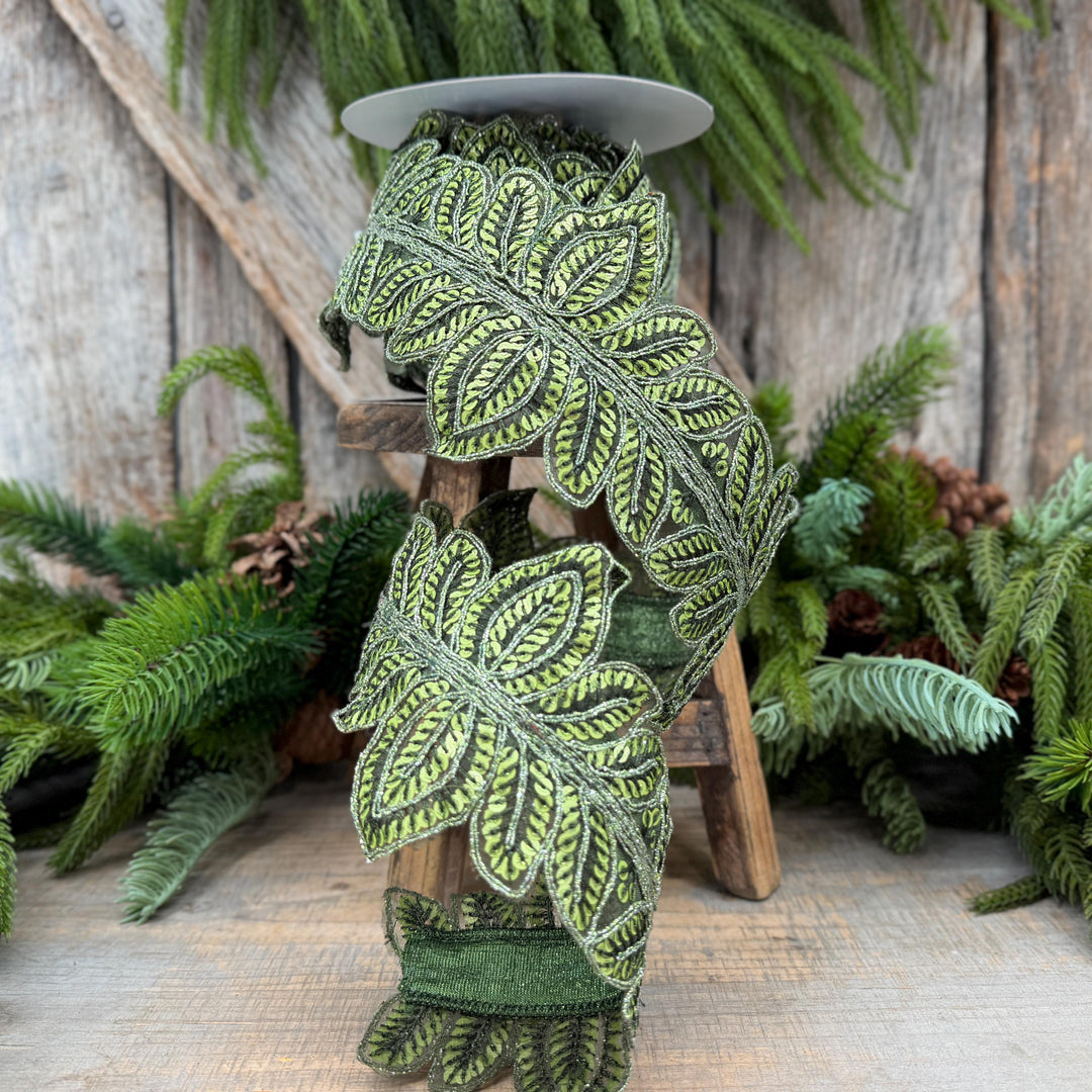 4" Olive Green Masquerade Vine Ribbon, Embroidered Leaf Lace Trim, Botanical Christmas Ribbon, 5 Yards