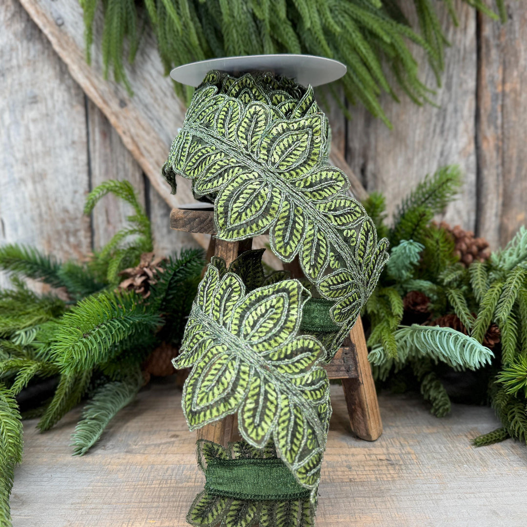 4" Olive Green Masquerade Vine Ribbon, Embroidered Leaf Lace Trim, Botanical Christmas Ribbon, 5 Yards