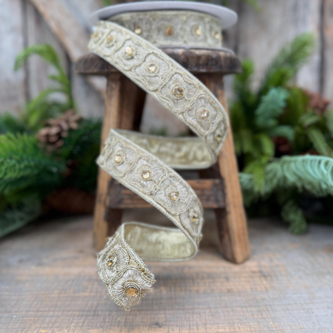 1" Gold Fleurish Embroidered Floral Ribbon, Gold Jeweled Farrisilk Ribbon