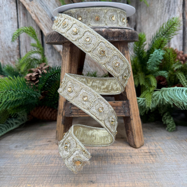 1" Gold Fleurish Embroidered Floral Ribbon, Gold Jeweled Farrisilk Ribbon