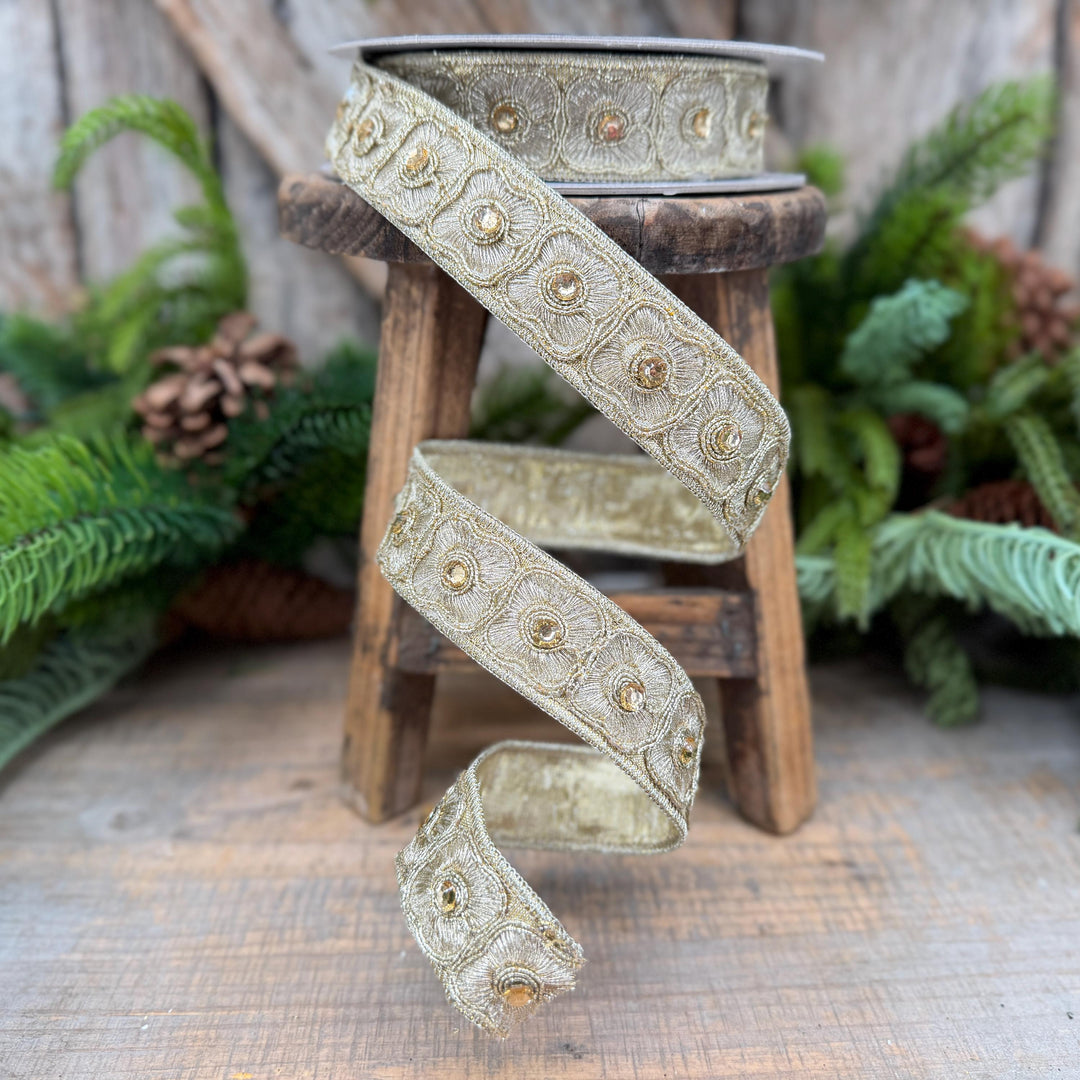 1" Gold Fleurish Embroidered Floral Ribbon, Gold Jeweled Farrisilk Ribbon