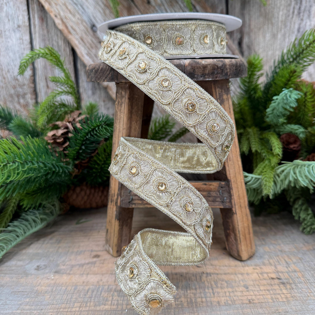 1" Gold Fleurish Embroidered Floral Ribbon, Gold Jeweled Farrisilk Ribbon