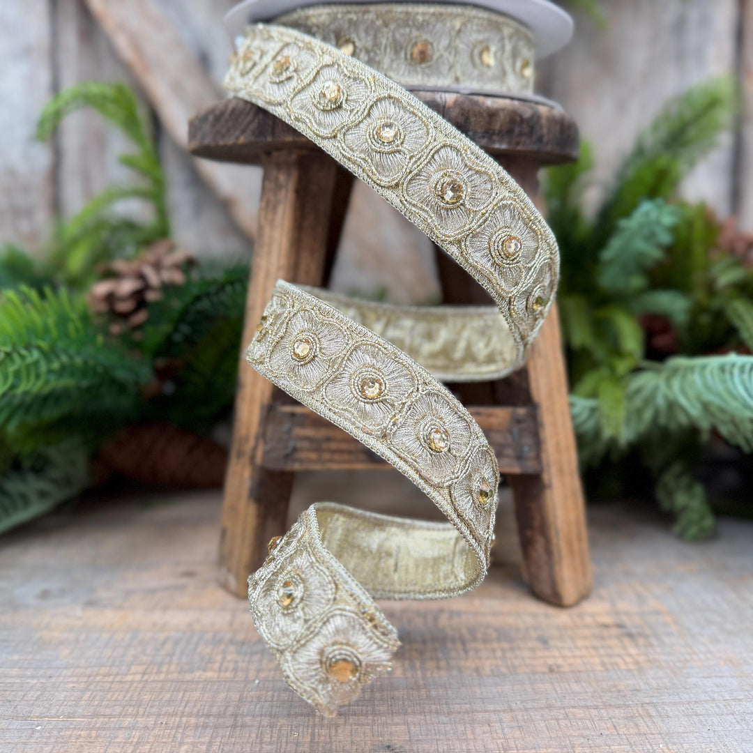 1" Gold Fleurish Embroidered Floral Ribbon, Gold Jeweled Farrisilk Ribbon