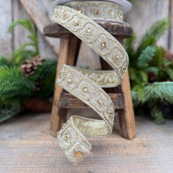 1" Gold Fleurish Embroidered Floral Ribbon, Gold Jeweled Farrisilk Ribbon