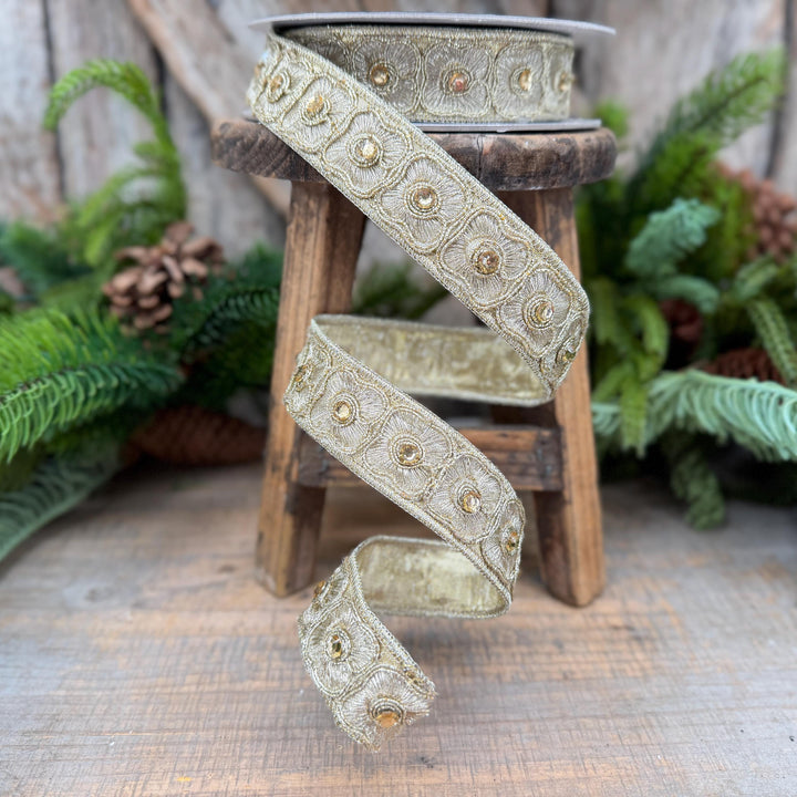1" Gold Fleurish Embroidered Floral Ribbon, Gold Jeweled Farrisilk Ribbon
