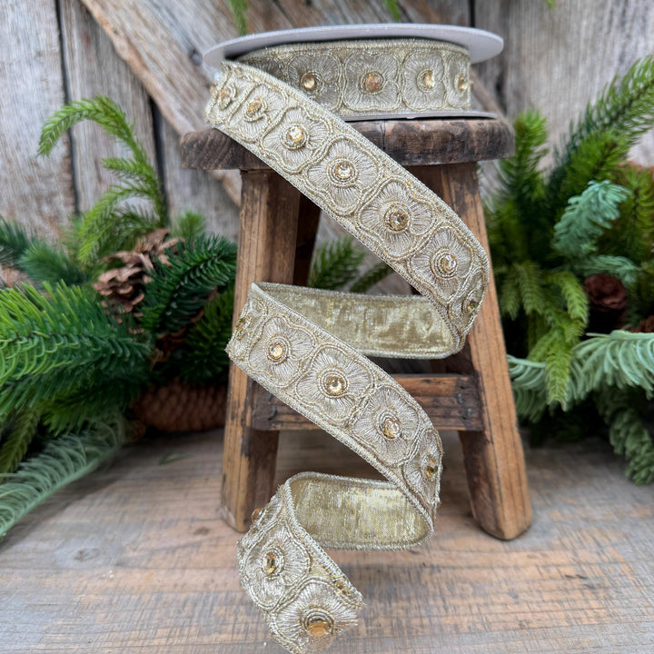 1" Gold Fleurish Embroidered Floral Ribbon, Gold Jeweled Farrisilk Ribbon