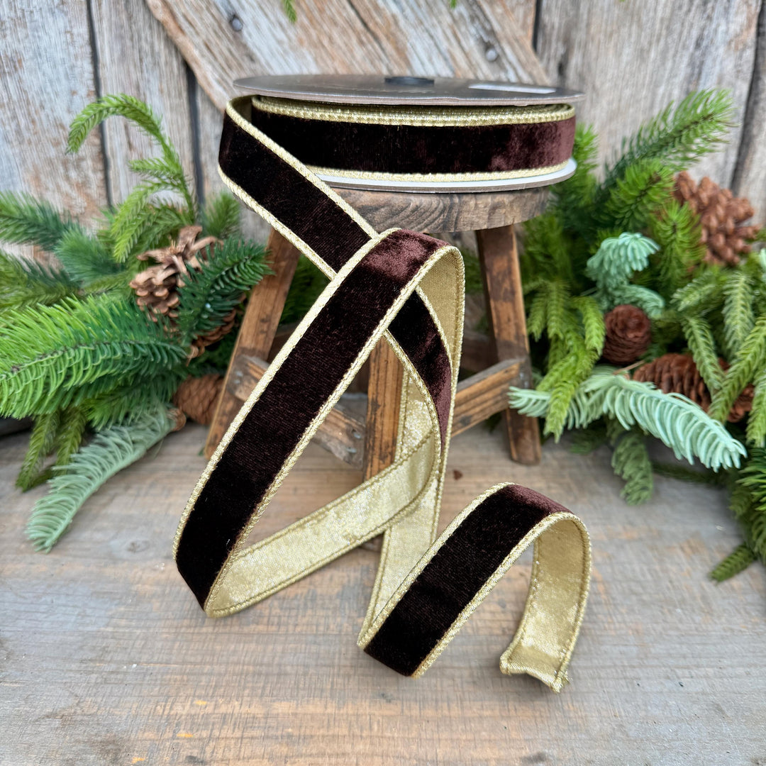 1" Chocolate Brown Velvet Ribbon, Farrisilk Flashy Velvet Ribbon