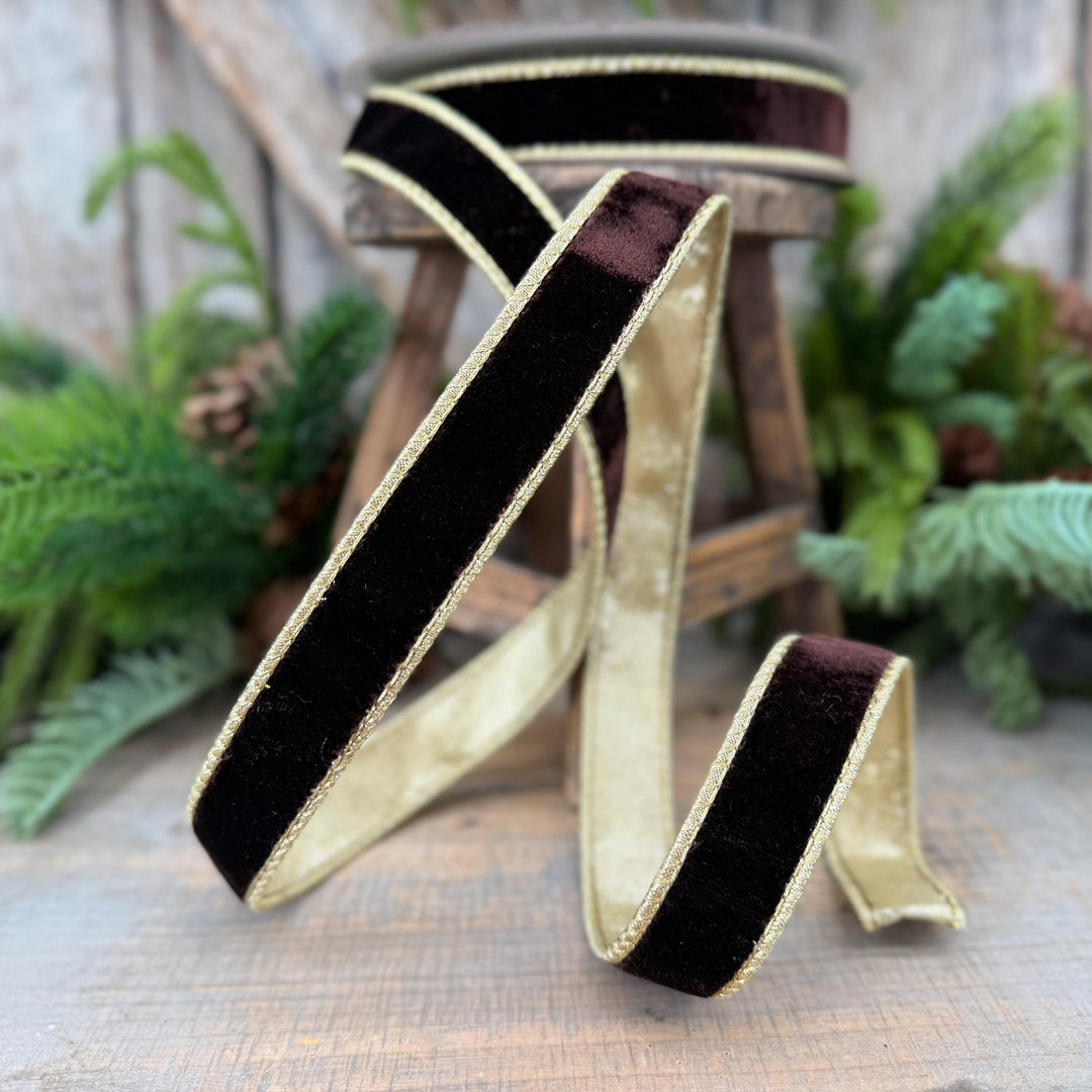 1" Chocolate Brown Velvet Ribbon, Farrisilk Flashy Velvet Ribbon