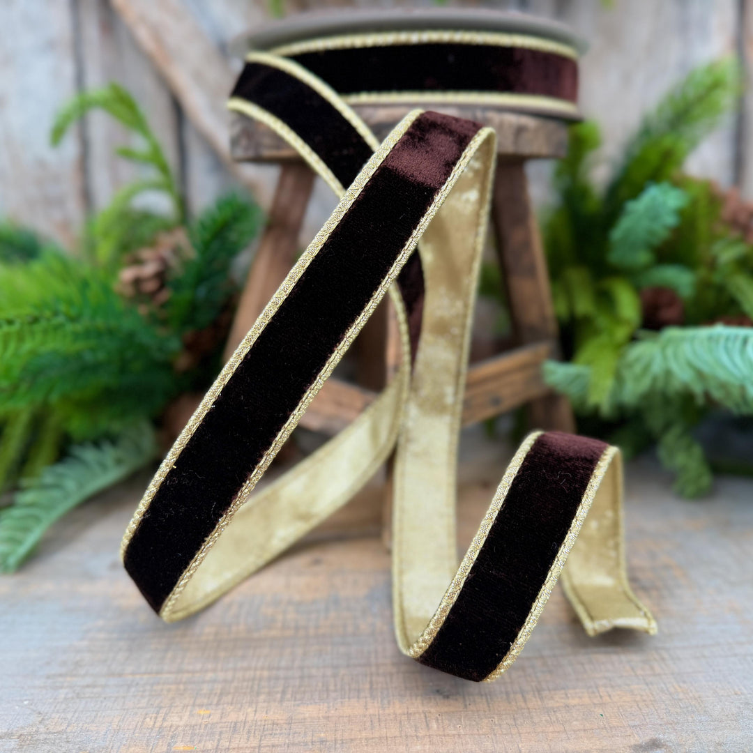 1" Chocolate Brown Velvet Ribbon, Farrisilk Flashy Velvet Ribbon