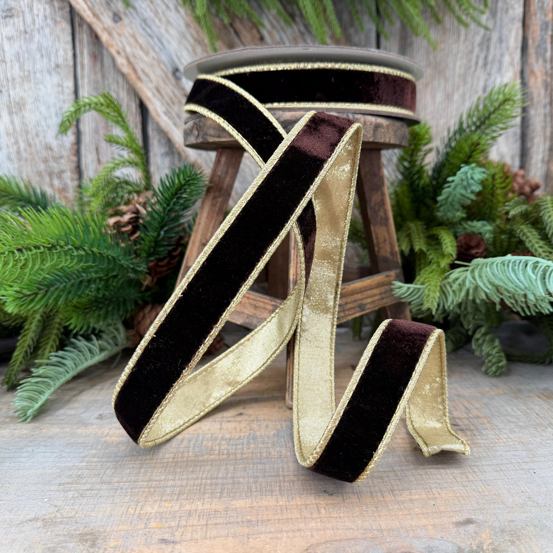 1" Chocolate Brown Velvet Ribbon, Farrisilk Flashy Velvet Ribbon