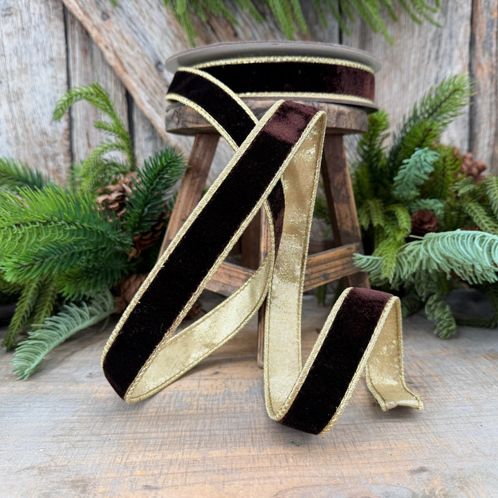 1" Chocolate Brown Velvet Ribbon, Farrisilk Flashy Velvet Ribbon