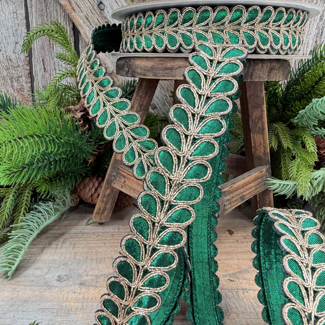 1" Emerald Green Ribbon, Green Gilded Garland Ribbon by Farrisilk
