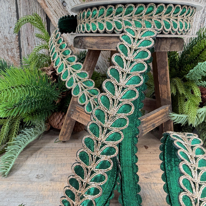 1" Emerald Green Ribbon, Green Gilded Garland Ribbon by Farrisilk