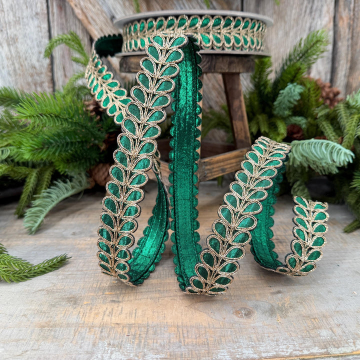 1" Emerald Green Ribbon, Green Gilded Garland Ribbon by Farrisilk