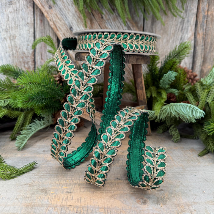 1" Emerald Green Ribbon, Green Gilded Garland Ribbon by Farrisilk