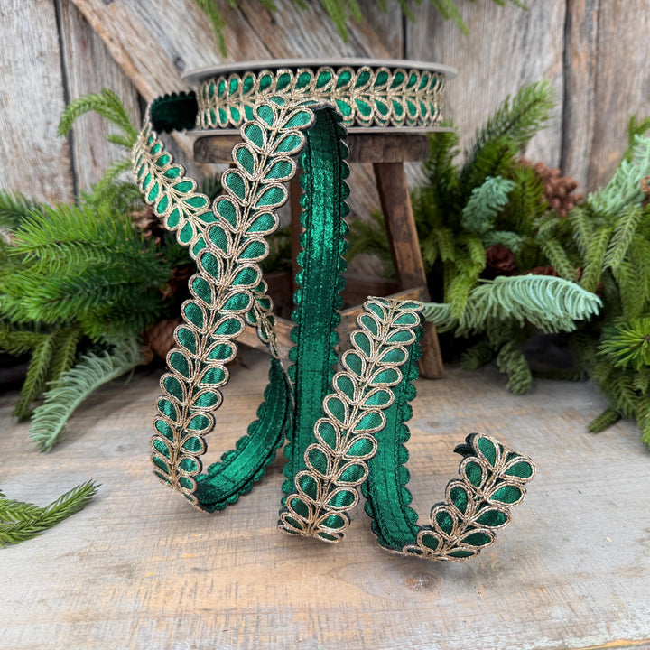 1" Emerald Green Ribbon, Green Gilded Garland Ribbon by Farrisilk