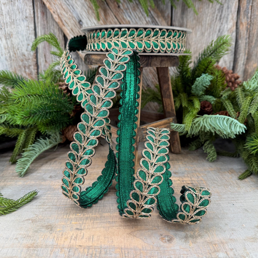 1" Emerald Green Ribbon, Green Gilded Garland Ribbon by Farrisilk