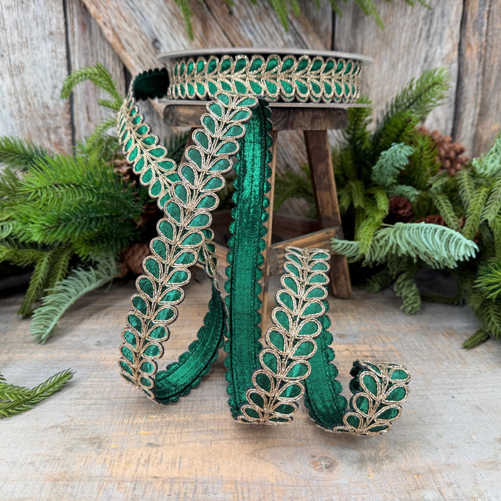 1" Emerald Green Ribbon, Green Gilded Garland Ribbon by Farrisilk