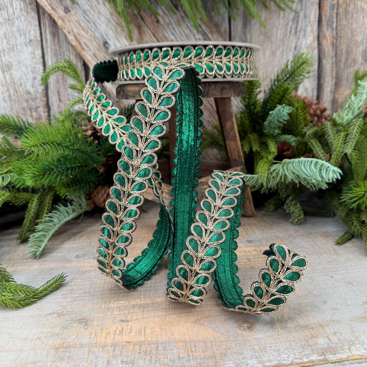 1" Emerald Green Ribbon, Green Gilded Garland Ribbon by Farrisilk