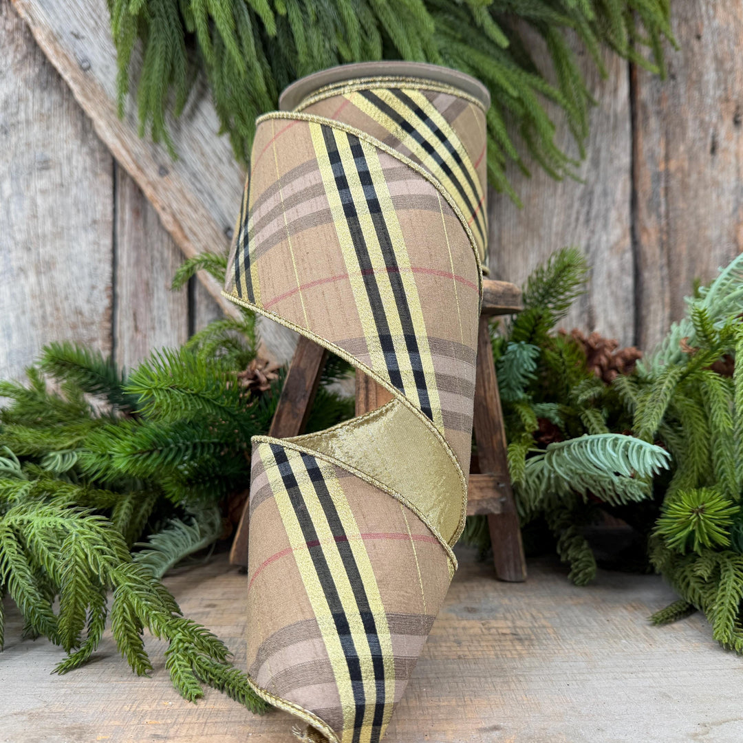 4” Brown Black holiday plaid, Christmas ribbon, 10 yards, metallic ribbon