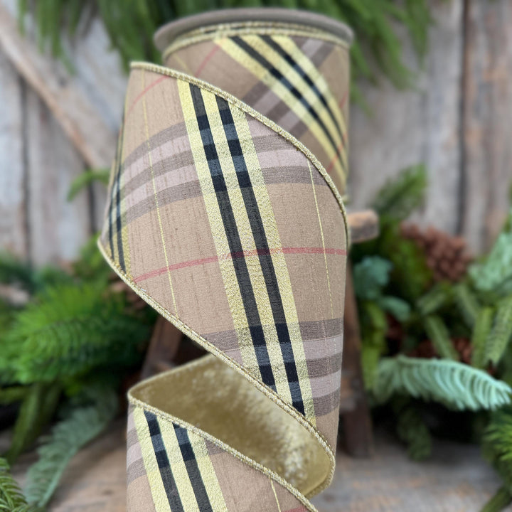 4” Brown Black holiday plaid, Christmas ribbon, 10 yards, metallic ribbon