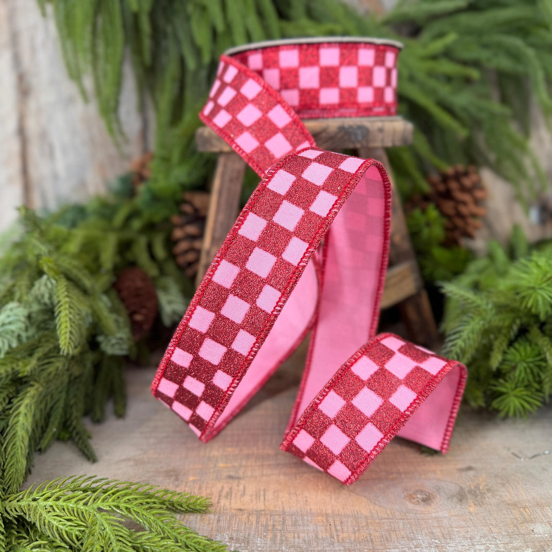 1.5" Pink Red Glitter Check Ribbon, Christmas Ribbon