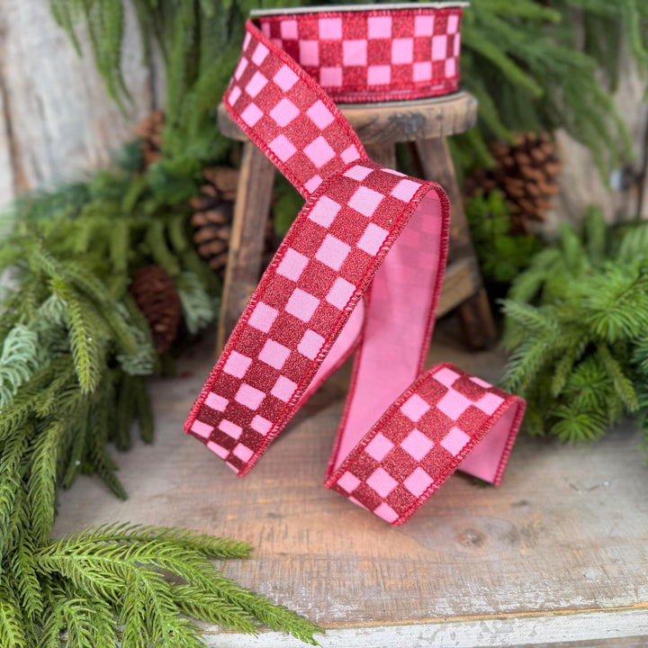 1.5" Pink Red Glitter Check Ribbon, Christmas Ribbon