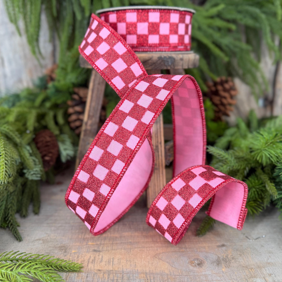 1.5" Pink Red Glitter Check Ribbon, Christmas Ribbon