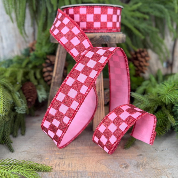 1.5" Pink Red Glitter Check Ribbon, Christmas Ribbon